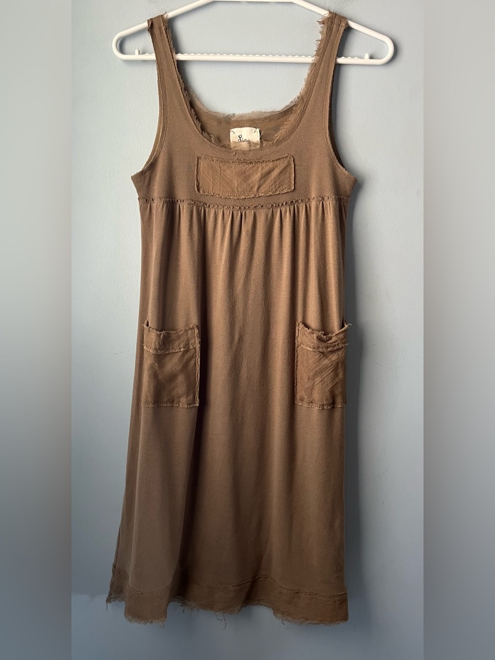 Linq Tan Brown Sleeveless Pockets Cotton Blend Flowy Midi Dress Silk Trim